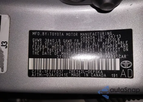 2013 Toyota Corolla S from USA, damaged, VIN 2T1BU4EE2DC061872